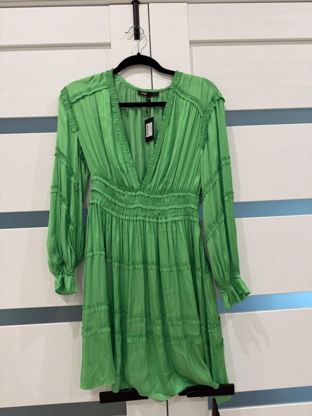 Maje Bright Green V-Neck Tiered Mini Dress
